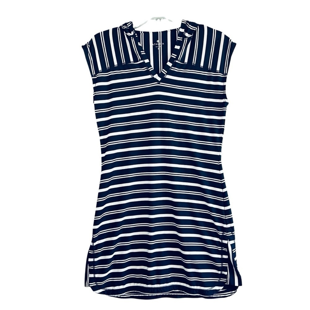 ATHLETA Hooded Wick It Cover Up Dress Navy and White Striped Size Small FLAW